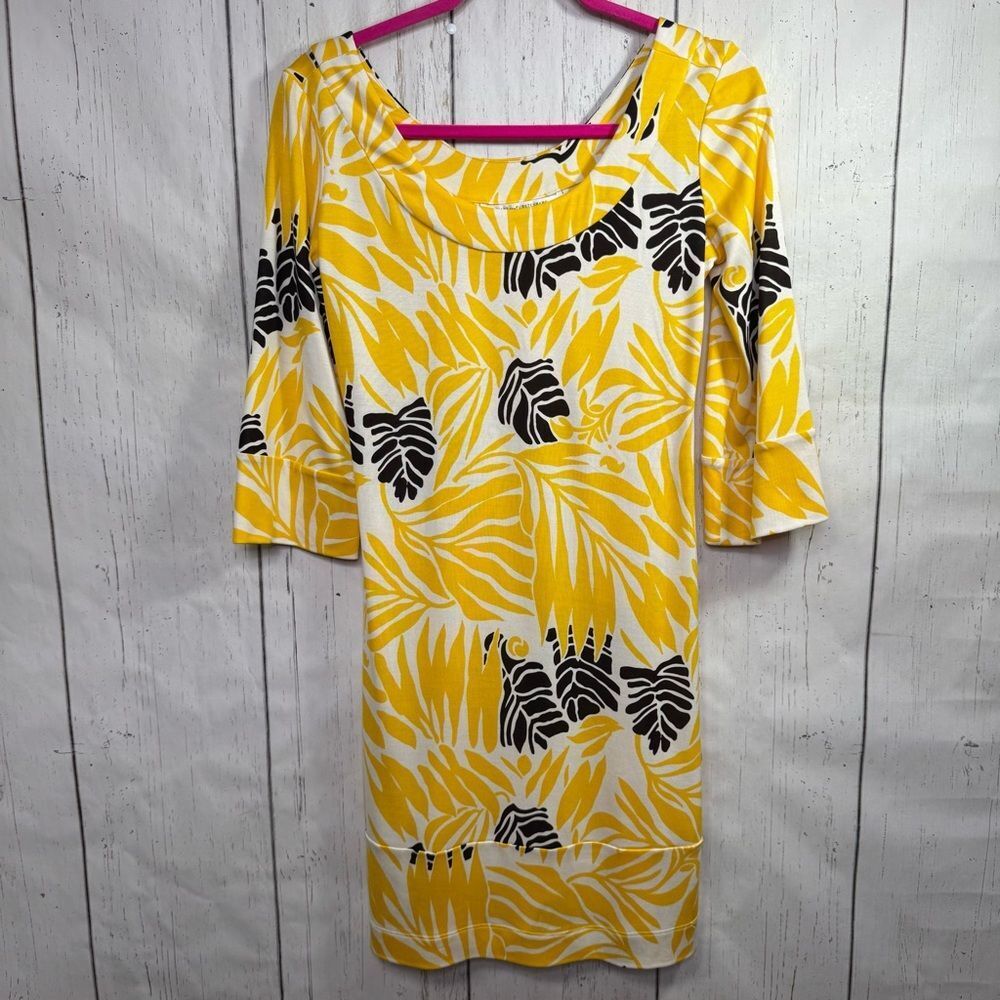 Diane Von Furstenberg Vintage Yellow Tropical Leaf Print Silk Shift Dress Size 6